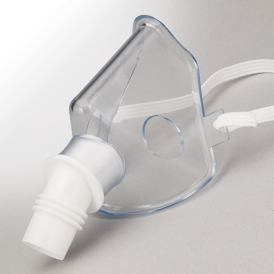 A clear pediatric aerosol mask with a white nebulizer attachment and tubing, designed to fit young patients.