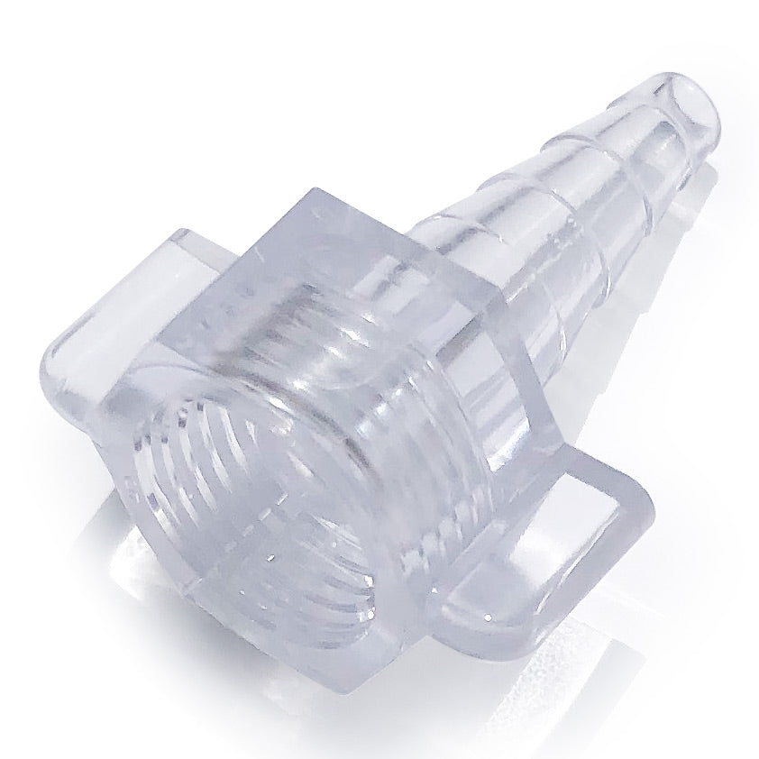 A green 'Christmas tree' adapter for oxygen tubing, with a hexagonal base and a stem for insertion into a tube.