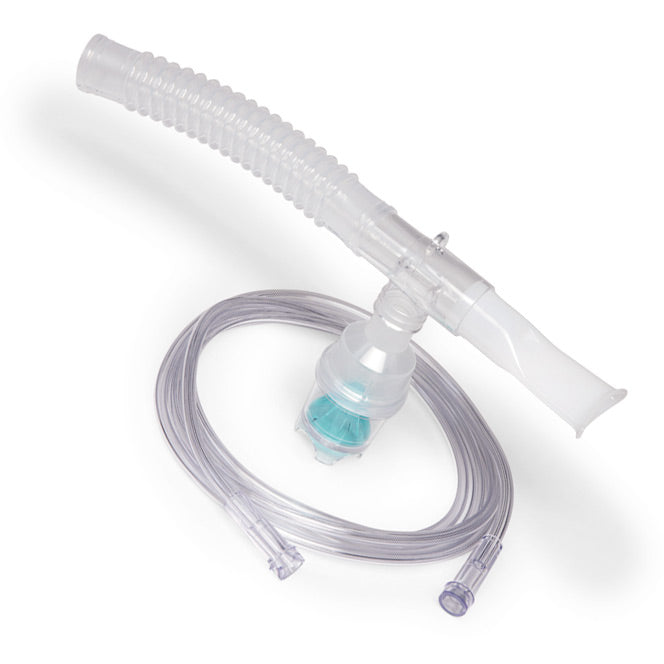 A small volume disposable nebulizer cup with attached 7 foot tubing, primarily clear in color with some parts grey and blue.
