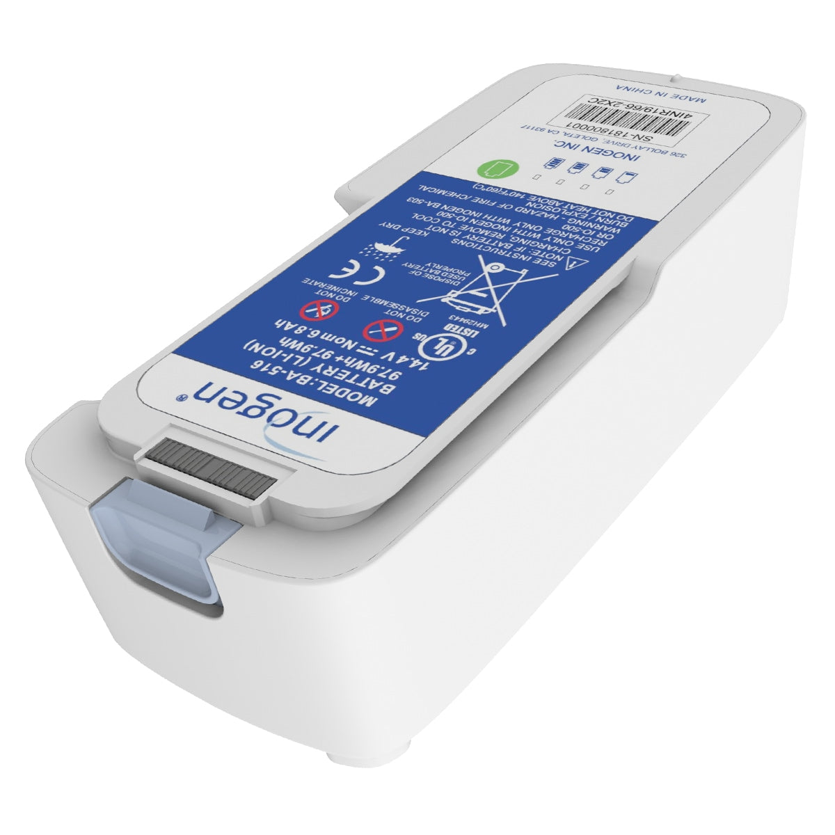 An Inogen portable oxygen concentrator battery with a blue label on the top, indicating the battery type and usage instructions.