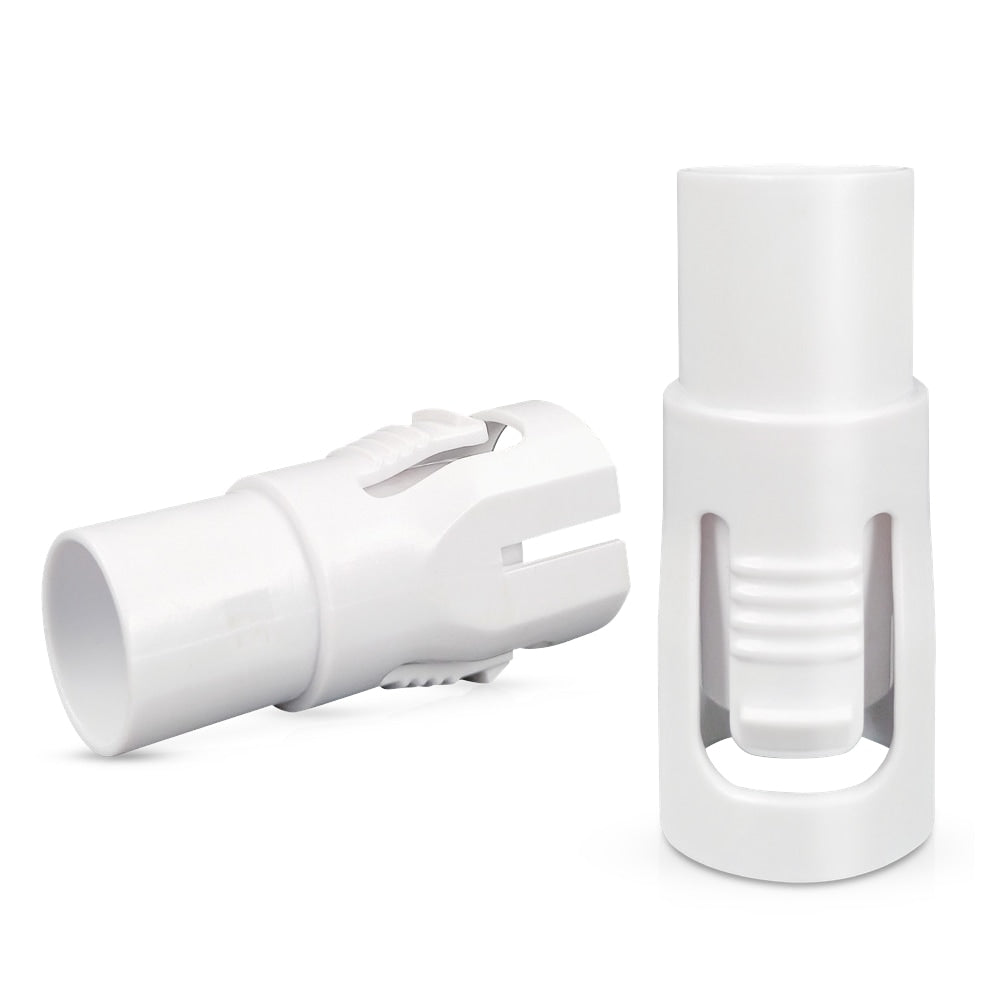 Two white plastic connectors on a white background