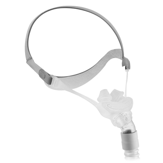 CPAP mask with hose and headgear on a white background