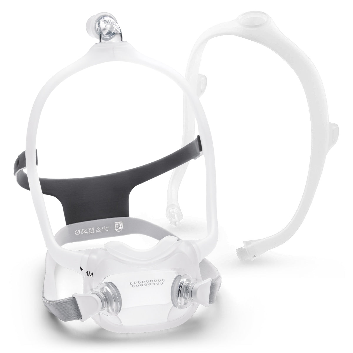 A set of three DreamWear Full Face CPAP/BiPAP Masks with headgear, predominantly white in color with transparent cushion areas and black straps.