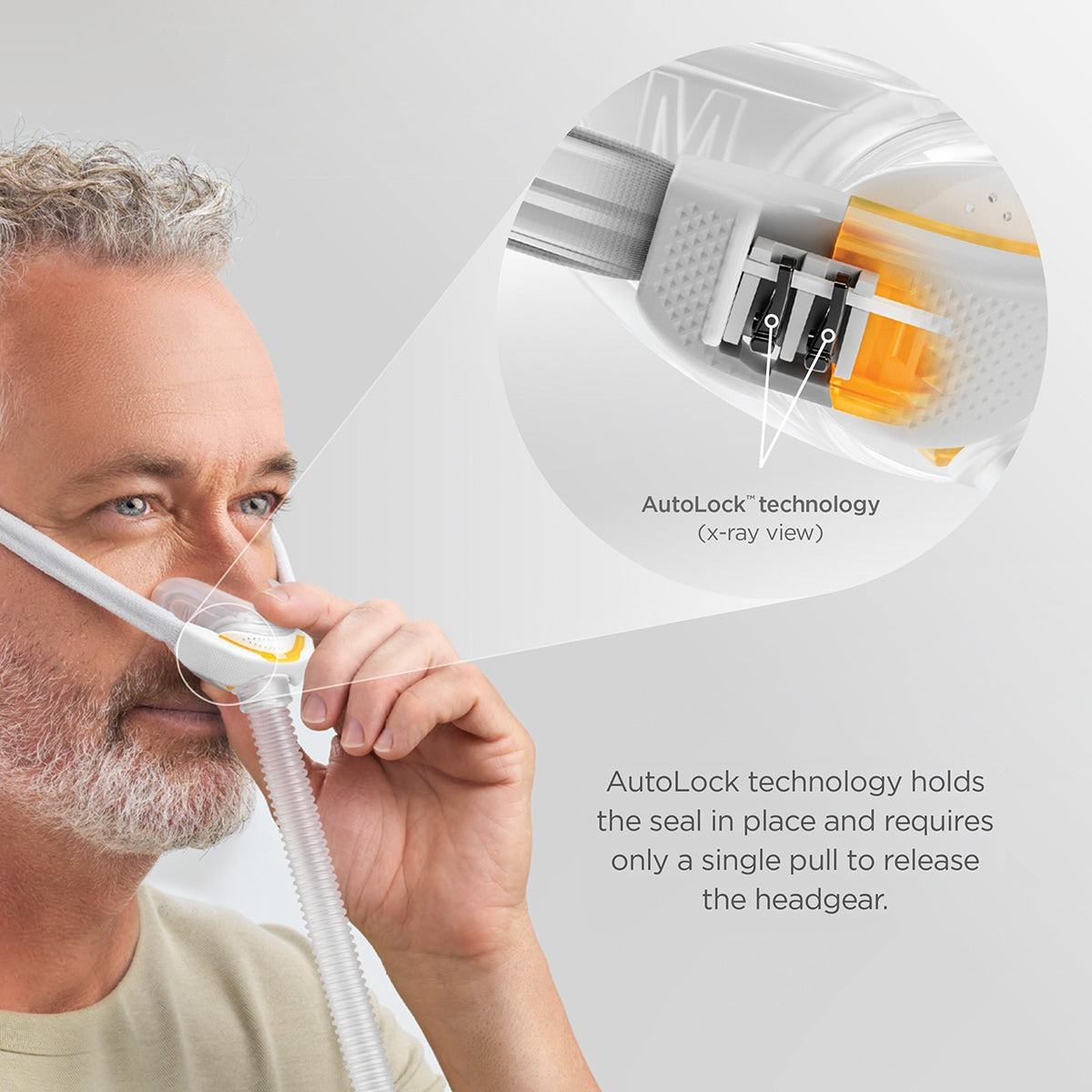Man Wearing Solo CPAP Mask featuring Autolock Technology