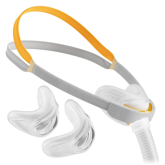 An image showing the F&P Solo Nasal CPAP/BiPAP Mask with transparent cushions and gray headgear.