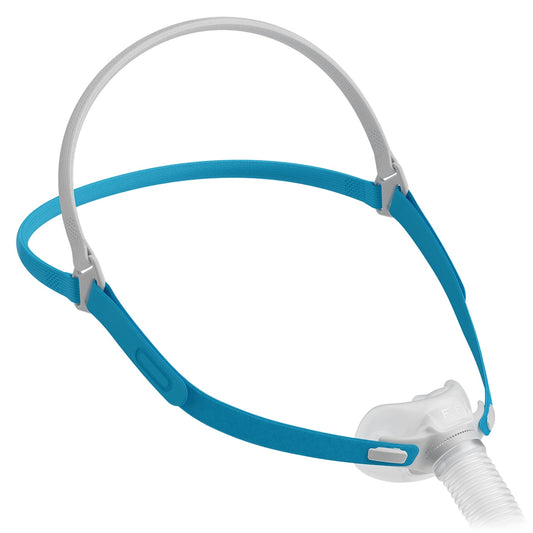 A lightweight blue and white F&P Nova Micro Nasal Pillow CPAP/BiPAP Mask with headgear, designed for sleep therapy.