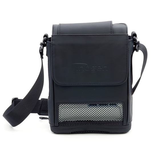 A black carry bag for Inogen One G5 and Rove 6 Portable Oxygen Concentrators with a mesh pocket on the front.