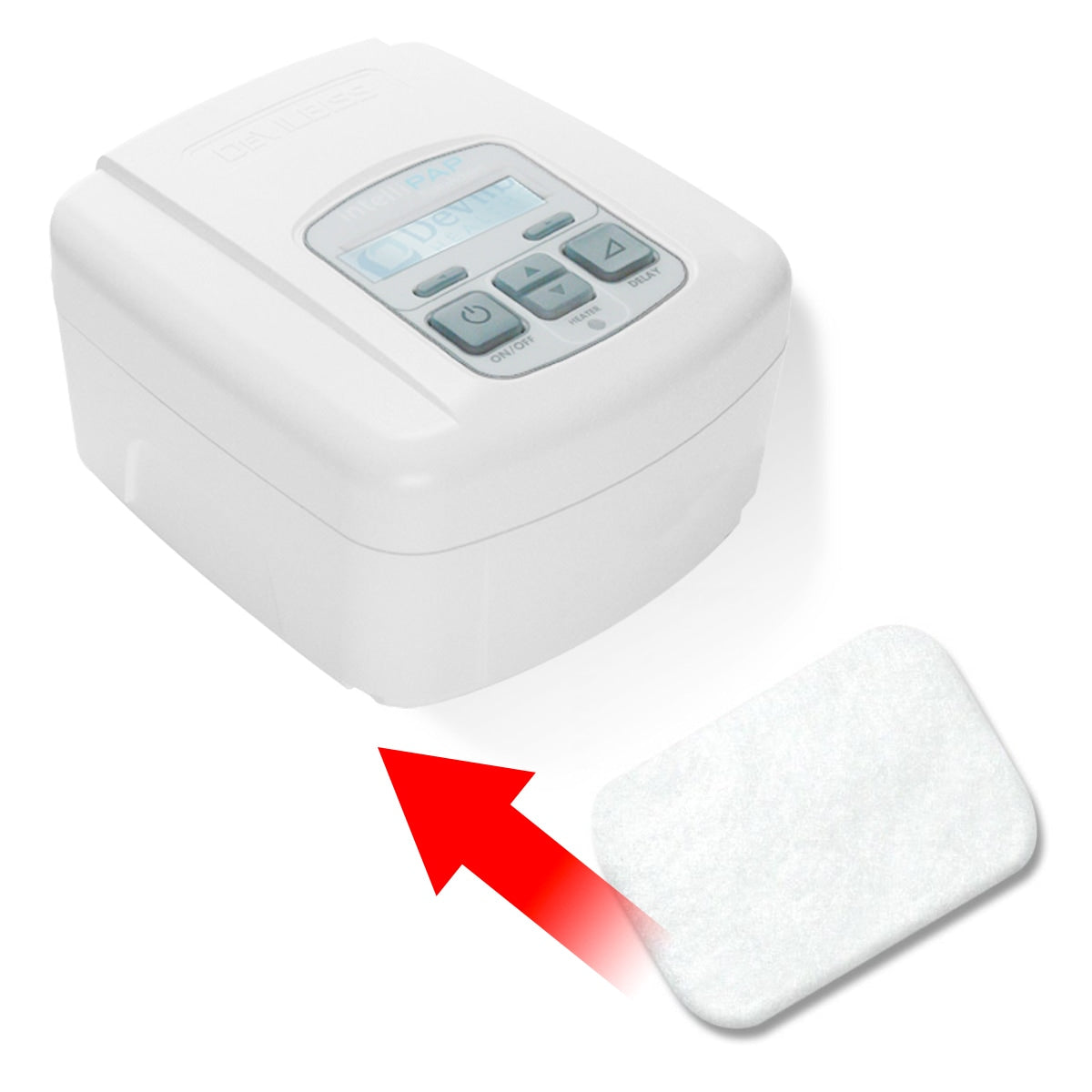 Intellipap CPAP Machine with a digital display and control buttons, accompanied by a red arrow pointing to a sensor pad on a white background.