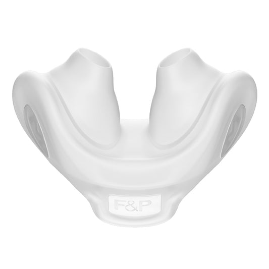 A white silicone nasal pillow designed for use with CPAP/BiPAP masks, branded with 'F&P'.
