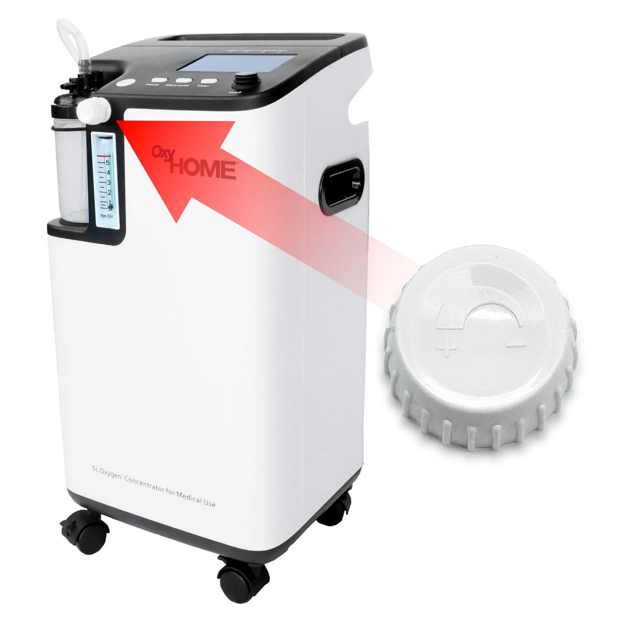 Oxygen concentrator with a red arrow and 'OxyHOME' text on a white background