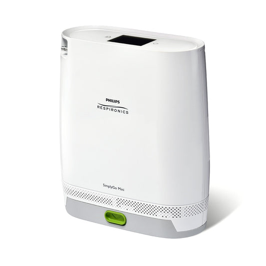 A white SimplyGo Mini portable oxygen concentrator by Philips Healthcare, with a green power button, on a white background.