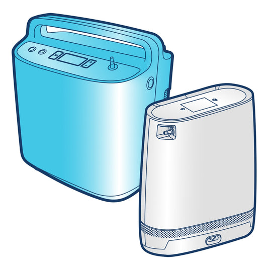 An illustration of a blue and a white portable oxygen concentrator, with a white cylindrical container and a blue rectangular base.