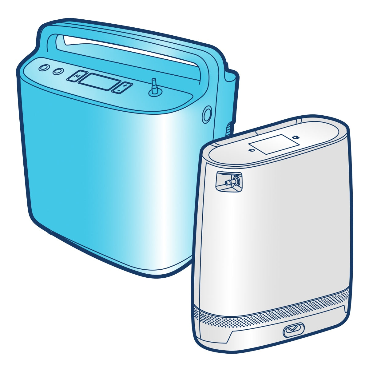 An illustration of a blue and a white portable oxygen concentrator, with a white cylindrical container and a blue rectangular base.