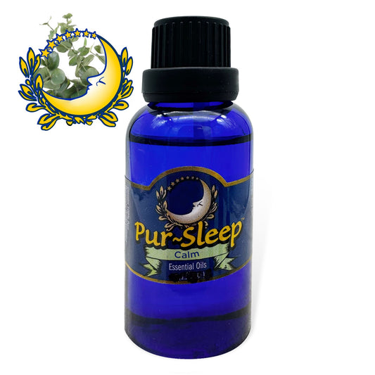 Blue bottle of Pur-Sleep Calm essential oils with a decorative logo on a white background