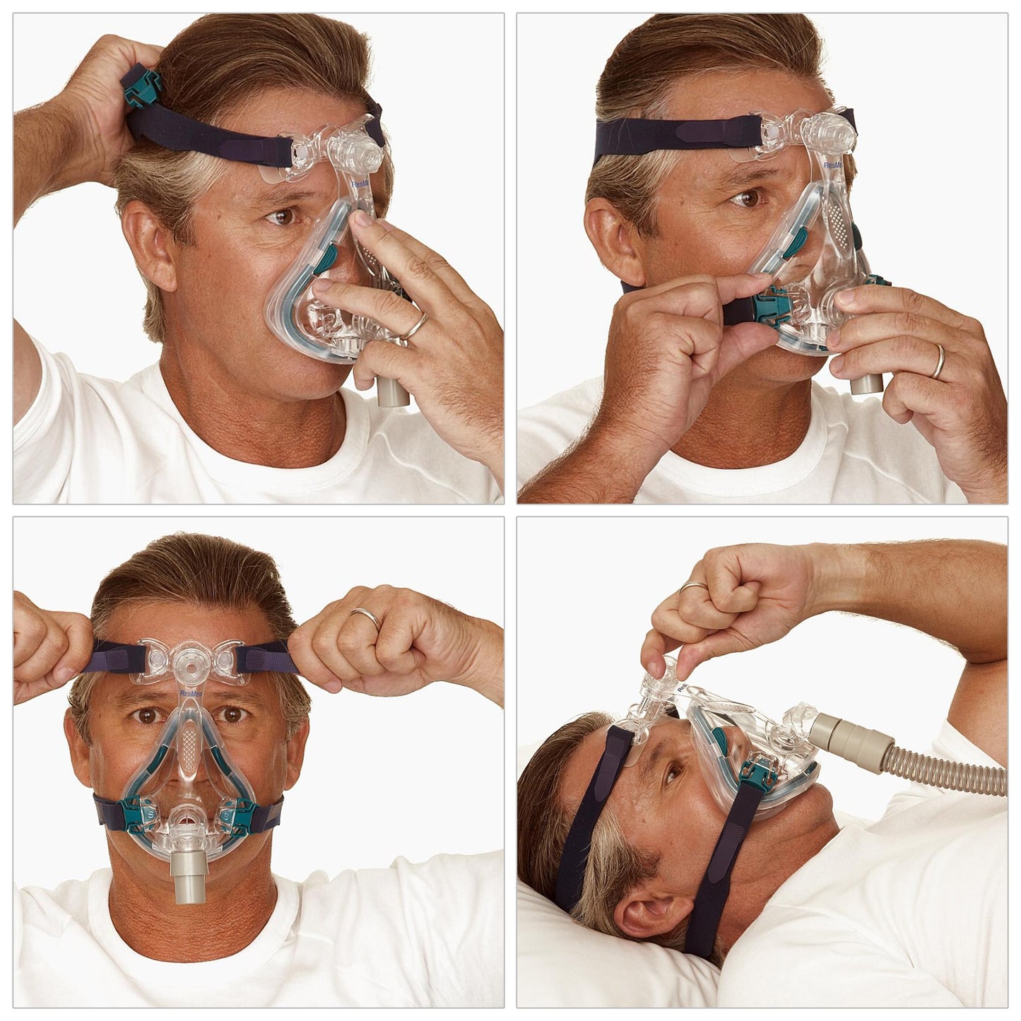 Step-by-step guide on how to put on a CPAP mask with close-up views.