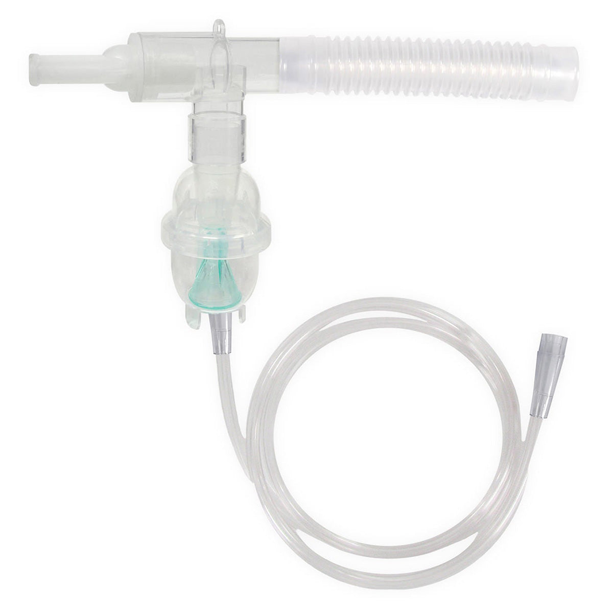 A Sunset disposable nebulizer kit with a T-piece and 7 foot tubing, primarily in white and green color.