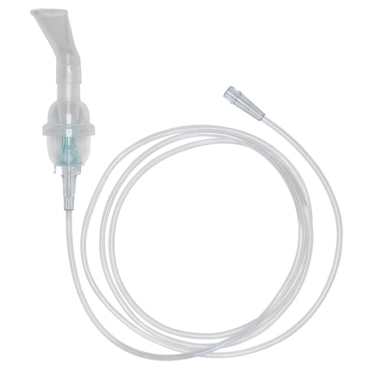 A disposable nebulizer kit with an angled mouthpiece and a 7 foot tube, primarily clear in color.