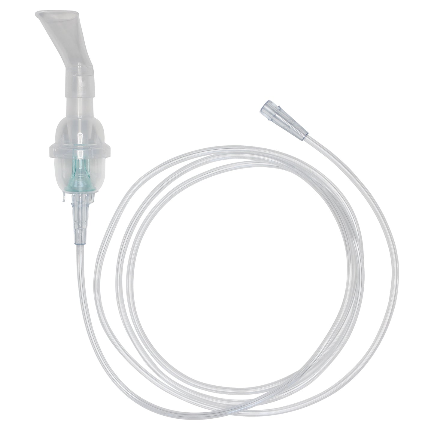 A disposable nebulizer kit with an angled mouthpiece and a 7 foot tube, primarily clear in color.