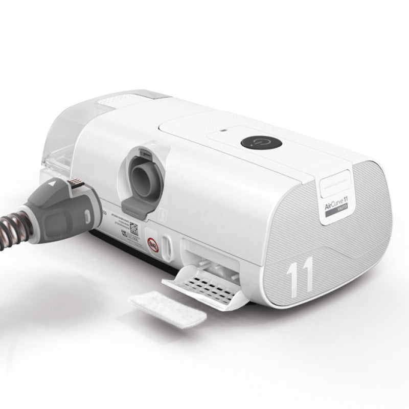 aircurve 11 bilevel vpap sleep therapy device rear view with filter door open and tubing detached