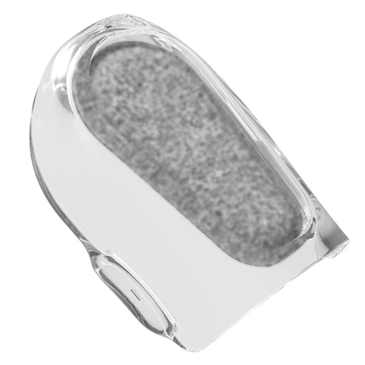 A clear, curved diffuser cover with a gray filter inside, designed to snap over exhalation holes on a Brevida CPAP/BiPAP mask.