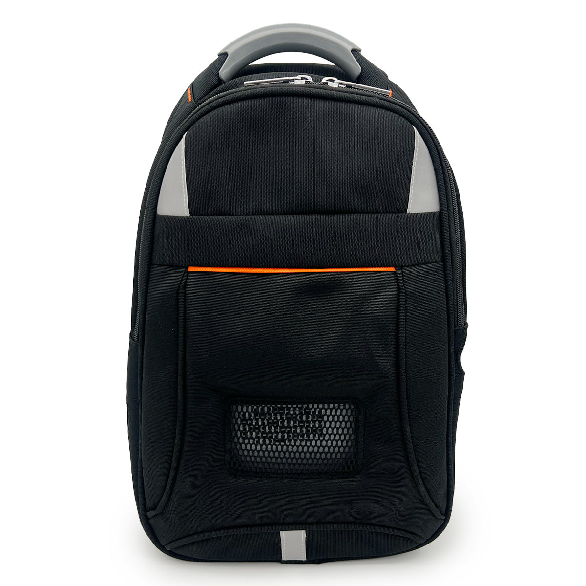 A black and gray backpack with orange accents designed to carry portable oxygen concentrators.