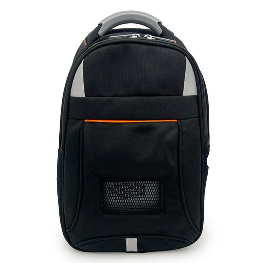 A black and gray backpack with orange accents designed to carry portable oxygen concentrators.