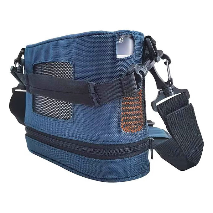 Blue bag with black straps on a white background