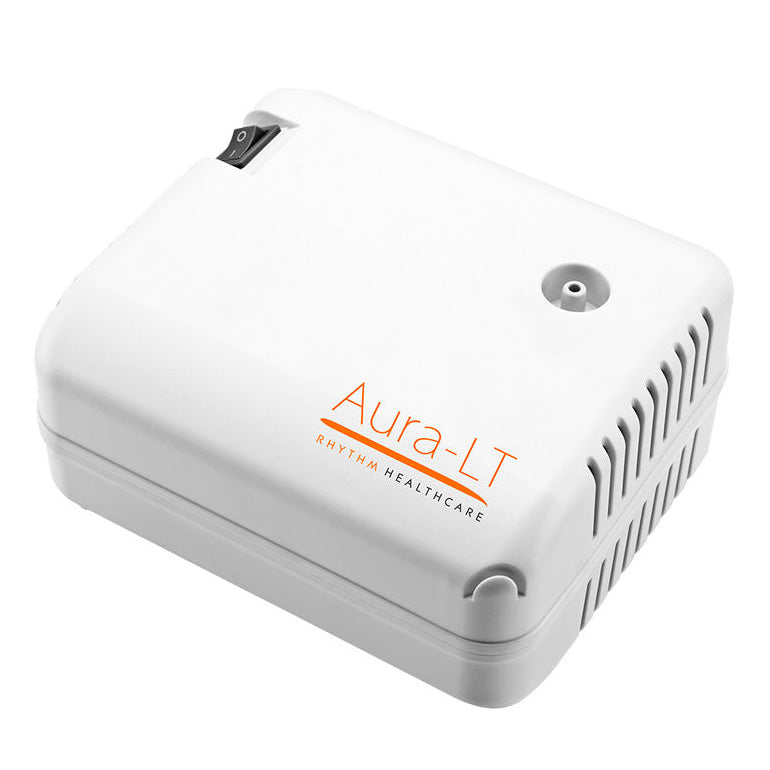A white Aura-LT compressor nebulizer system from Rhythm Healthcare designed for asthma and allergy treatment.