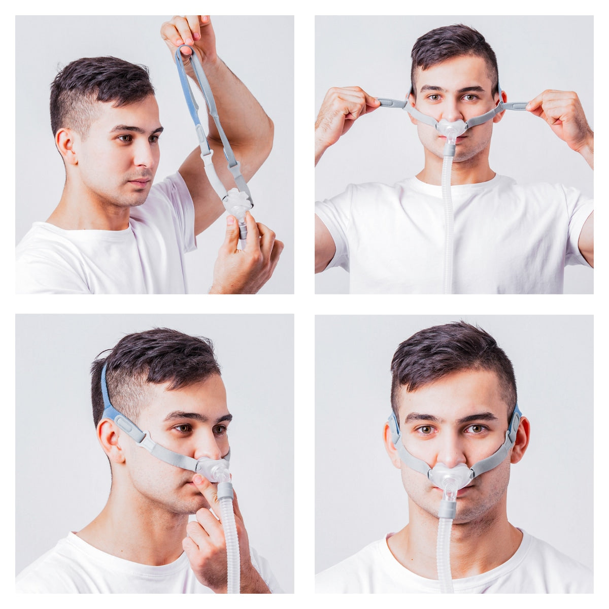putting on the rio ii nasal pillow cpap mask