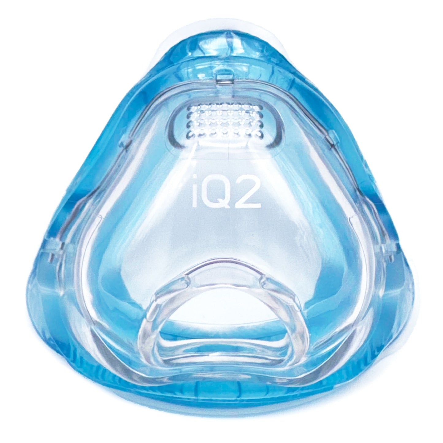 Blue and clear CPAP mask with 'IQ2' branding on a white background