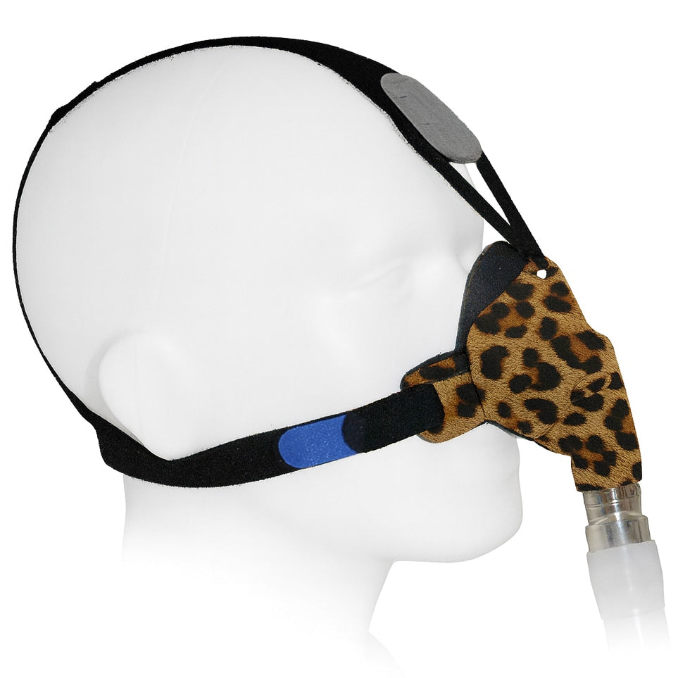 Headgear with leopard print mask on a mannequin head against a white background