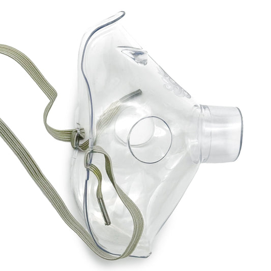 A handheld mesh nebulizer with a clear, reusable adult mask attached to it.