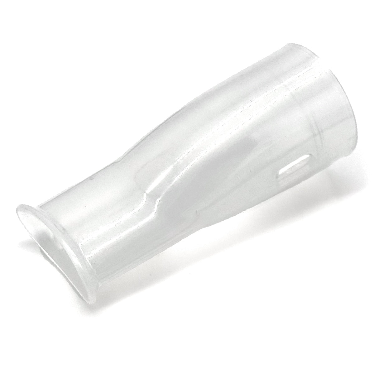 A clear, plastic mouthpiece for a Sunset Handheld Mesh Nebulizer.