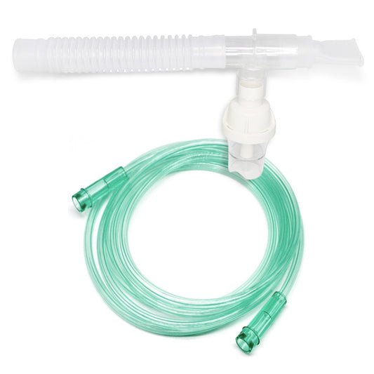 A reusable nebulizer kit with a T-piece and 7 foot tubing, primarily green and white in color.