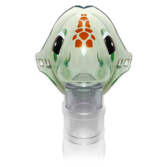 A child's aerosol mask designed to look like a turtle, with a FlexTube attachment.