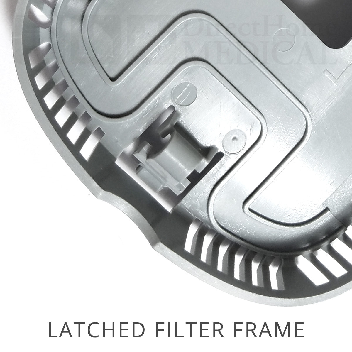 Close-up of a latched filter frame with text label on a white background