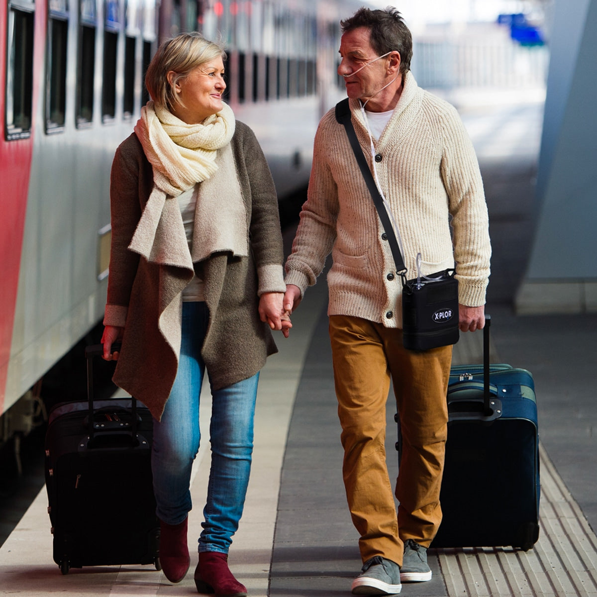 Man on a Train Platform with X-Plor Portable Oxygen Concentrator