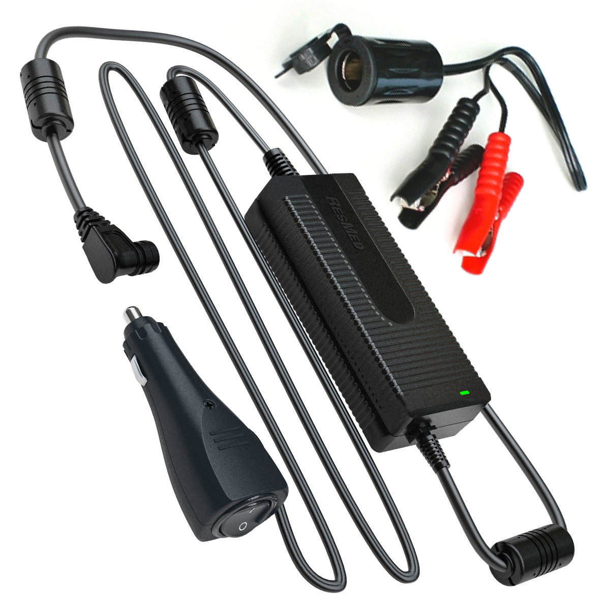 Car charger set with various connectors on a white background