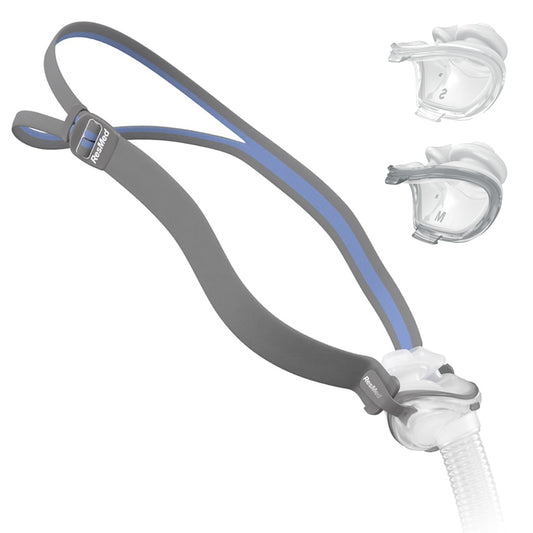 An image showing the AirFit P10 nasal pillow CPAP/BiLevel mask with headgear. The mask has a gray and blue headgear and white nasal pillows connected to a tube, typically used with a CPAP machine.
