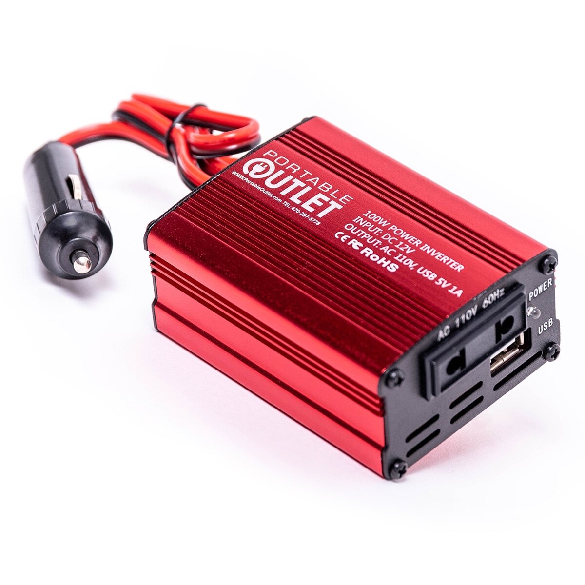 Red portable power inverter with USB and AC outlets on a white background
