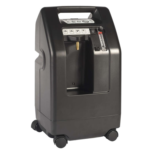A black DeVilbiss 525DS Compact Oxygen Concentrator on wheels.
