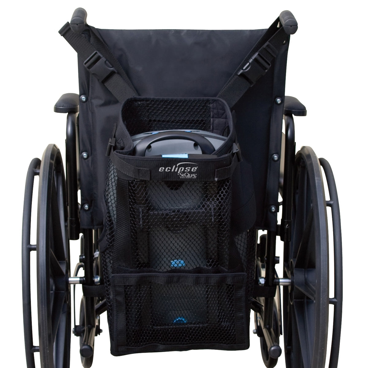 Black wheelchair with a storage bag labeled 'eclipse' on a white background