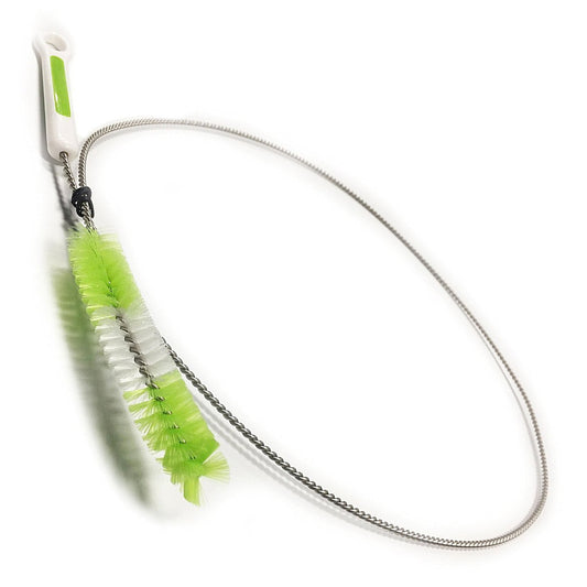 A CPAP hose cleaning brush with a green handle and white nylon bristles, attached to a flexible metal coil.