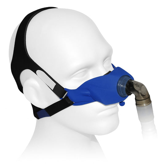 A mannequin head wearing a blue SleepWeaver Elan CPAP/BiPAP soft cloth nasal mask with headgear, including a free FeatherWeight tube.