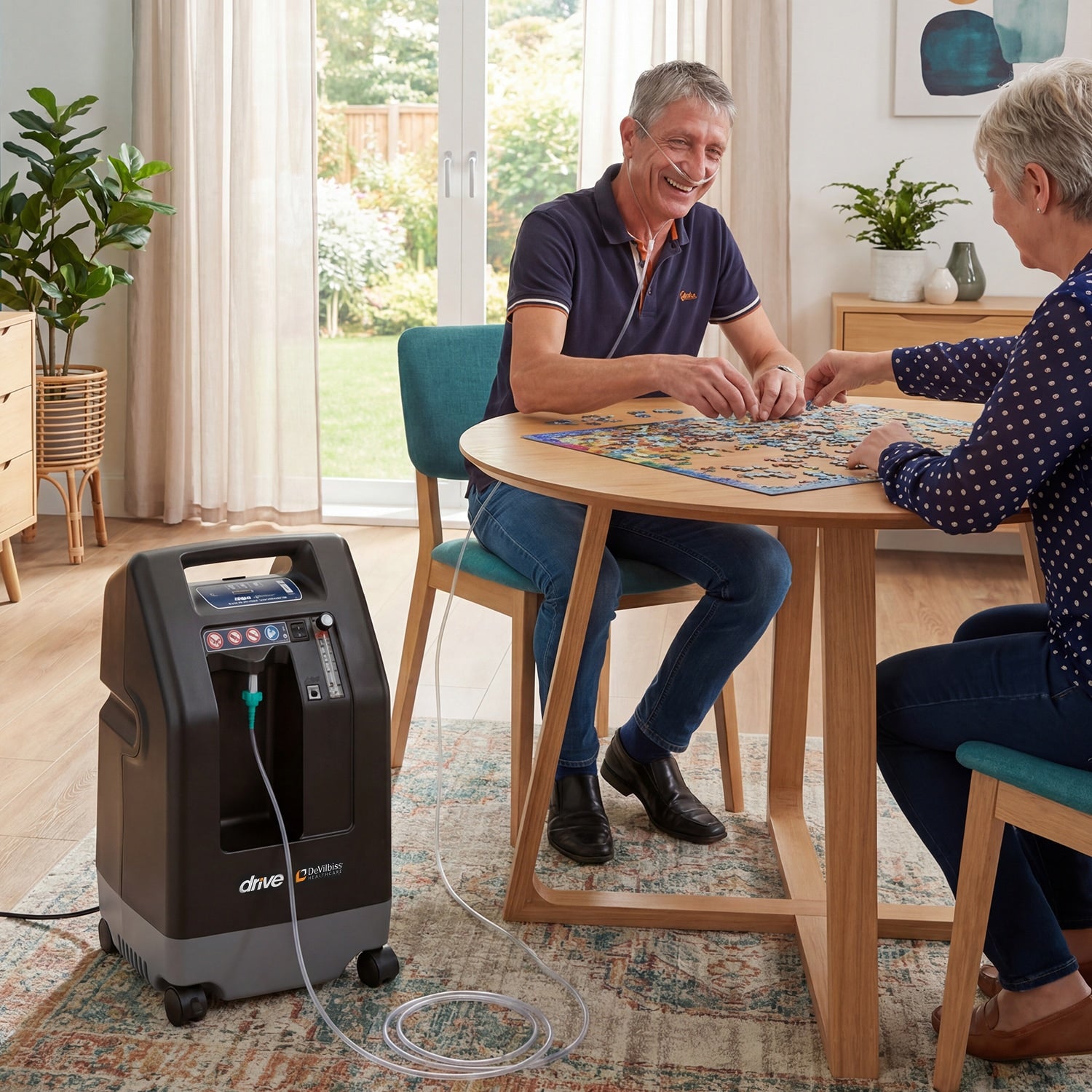 Two people playing a puzzle together with an oxygen concentrator on the floor.
