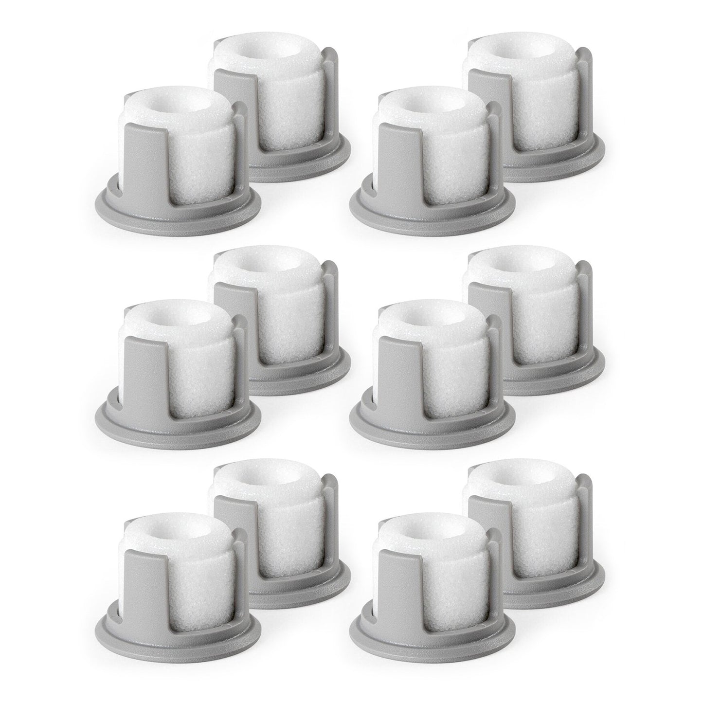 Set of white nebulizer filters with gray holders on a white background