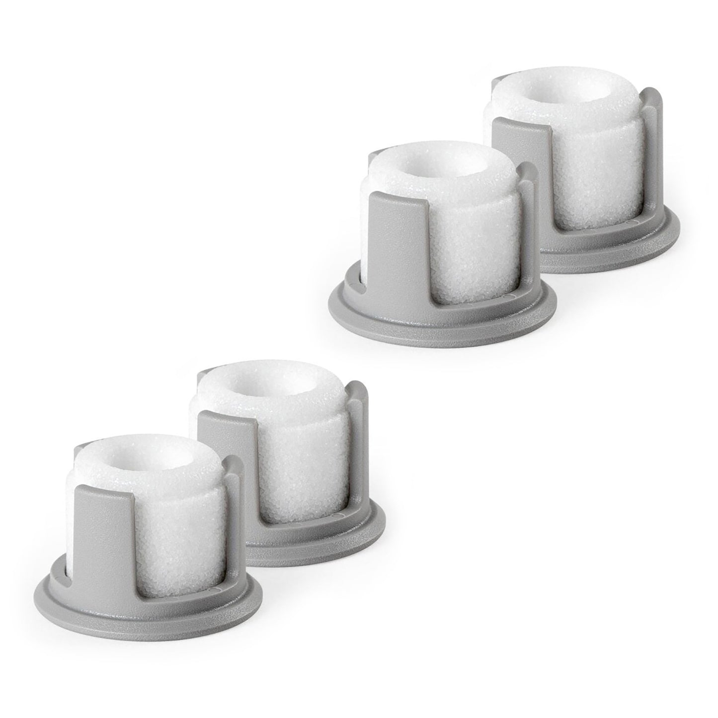 Set of four gray and white nebulizer filters on a white background