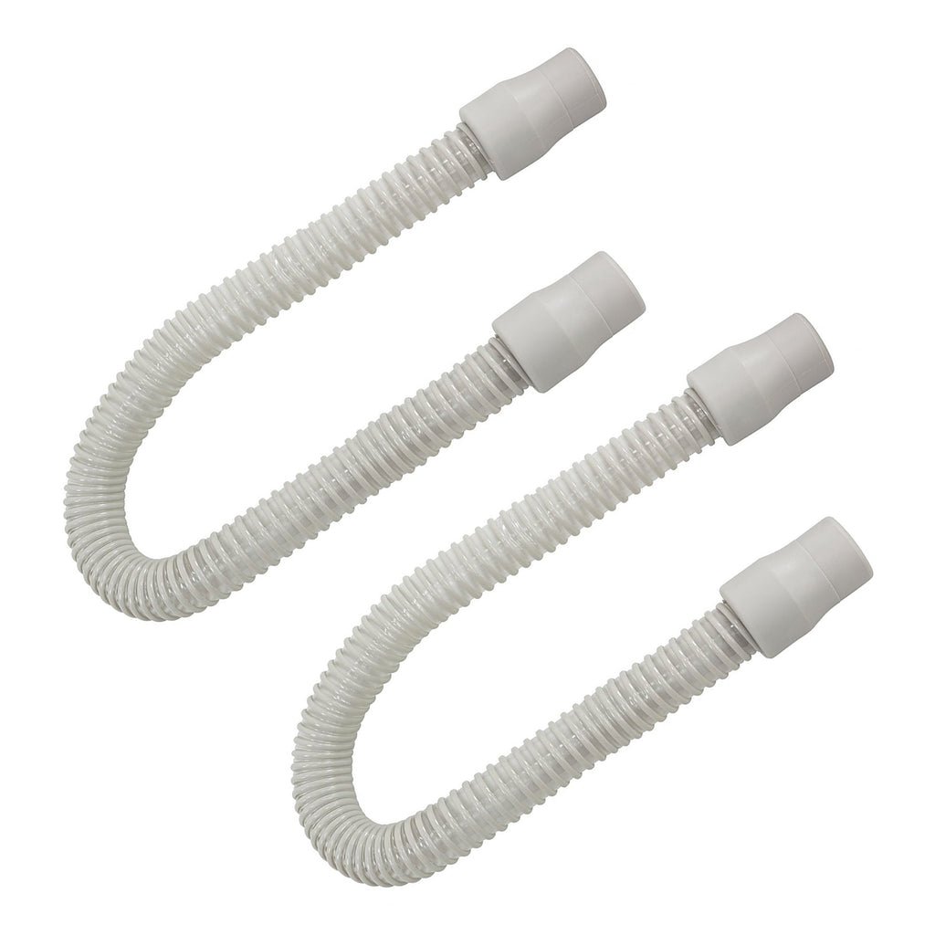 Two white flexible corrugated tubing hoses with plastic connector ends, arranged diagonally on a plain white background.