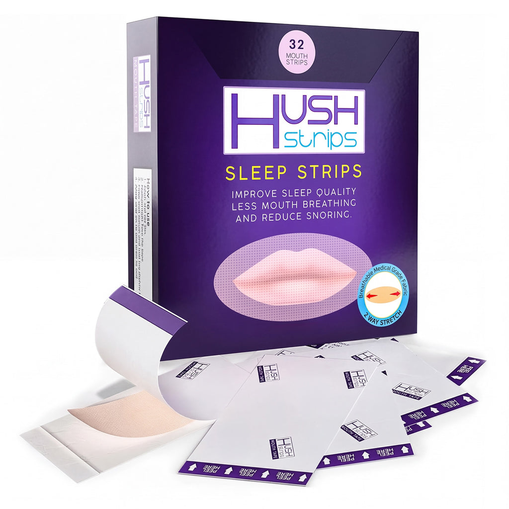 Hush Strips Sleep Strips product packaging and contents, showing the purple retail box, a partially unrolled beige strip, several individual sachets, and a second box in the background