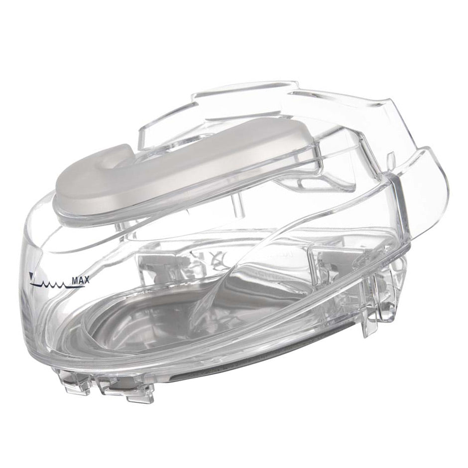 A clear, long life water chamber for H4i heated humidifiers with a white lid.